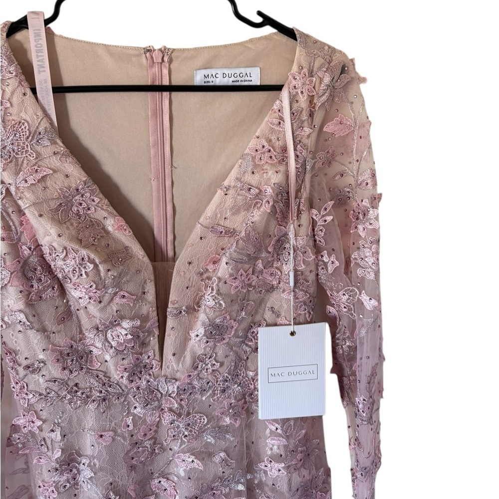 NEW Mac Duggal Pink Floral Applique Long Sleeve Illusion Gown - Picture 6 of 7